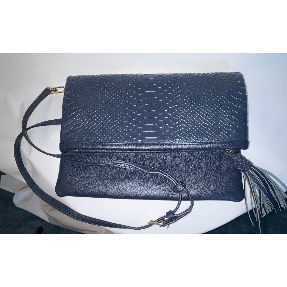 GiGi New York Navy Blue Textured Leather Foldover Clutch or Crossbody
